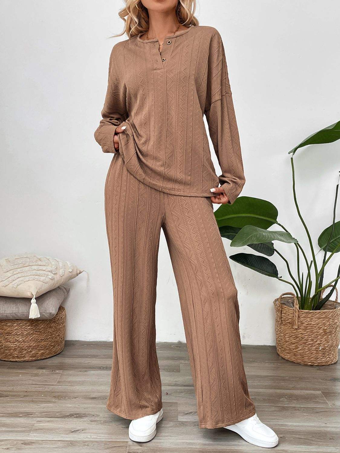Perfee Quarter Button Long Sleeve Top and Pants Set - Trendsi - Flyclothing LLC