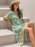 Ruched Printed Puff Sleeve Midi Dress - Trendsi