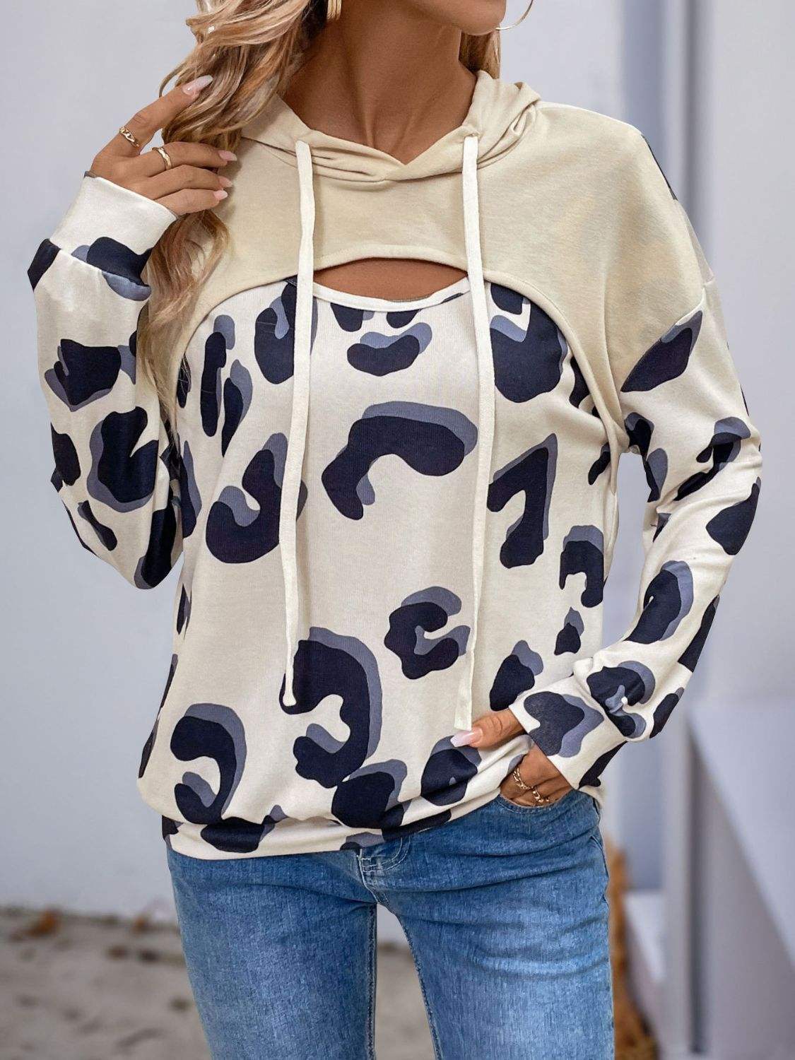 Perfee Drawstring Faux Layered Long Sleeve Hoodie - Trendsi - Flyclothing LLC