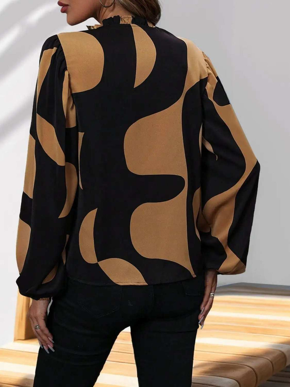 Frill Notched Long Sleeve Blouse - Trendsi - Flyclothing LLC