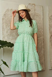 Davi & Dani Checkered Puff Sleeve Tiered Shirt Dress - Trendsi