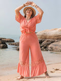 Plus Size Button Up Half Sleeve Top and Pants Set - Trendsi - Flyclothing LLC