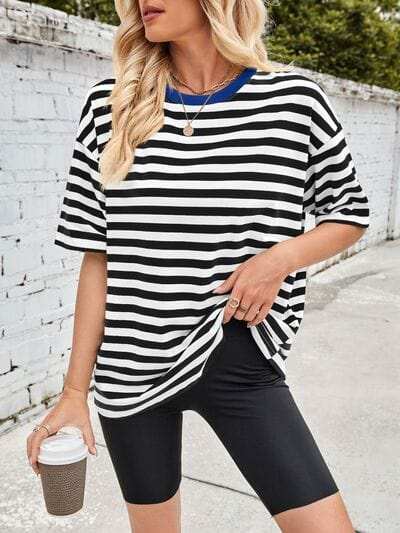 Lovelet Striped Round Neck Half Sleeve T-Shirt - Trendsi - Flyclothing LLC