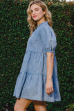 ODDI Washed Tiered Mini Denim Dress - Trendsi