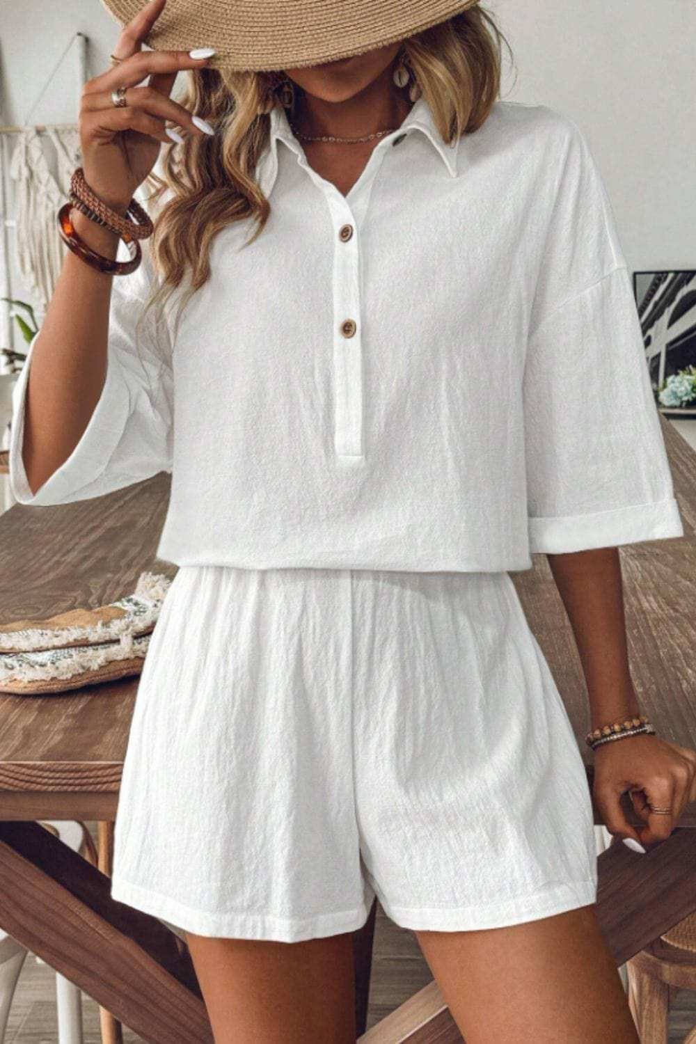 Collared Neck Half Sleeve Top and Shorts Set - Trendsi - Flyclothing LLC