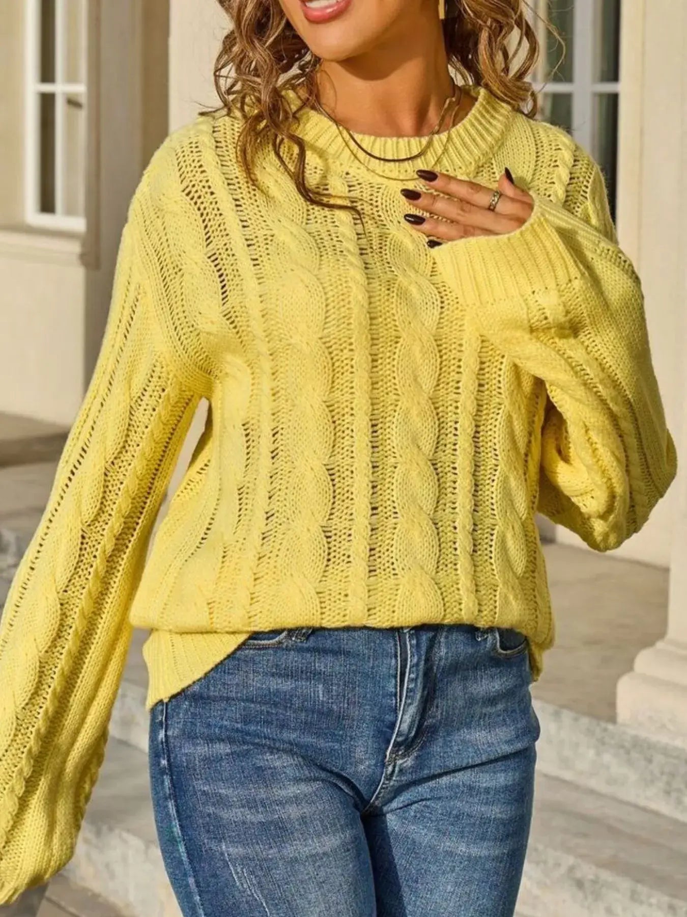 Cable Knit Long Sleeve Sweater - Trendsi - Flyclothing LLC