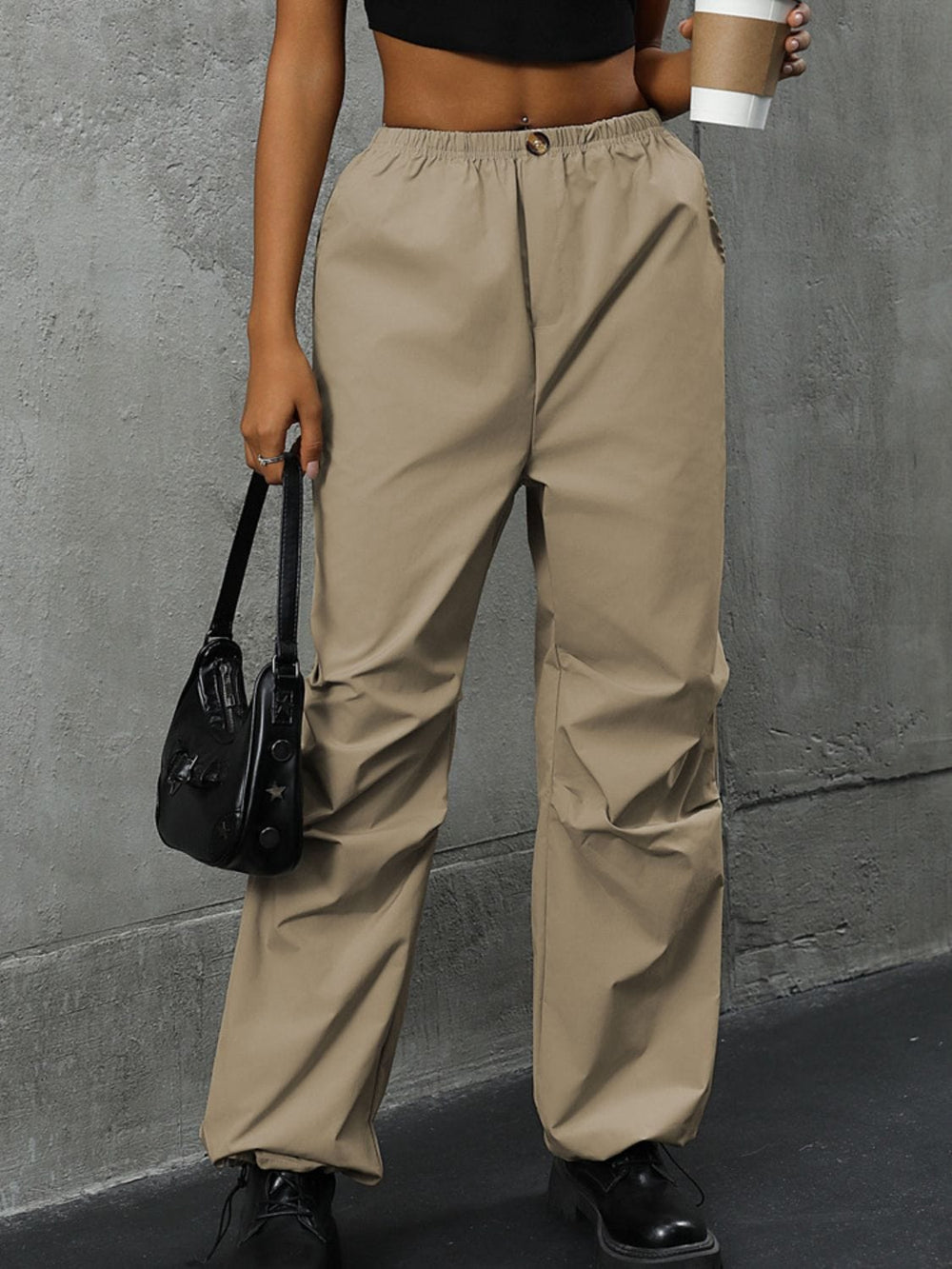 Pocketed Elastic Waist Pants - Trendsi