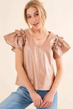 And The Why Faux Leather Ruffle Sleeves V Neck Top - Trendsi - Flyclothing LLC