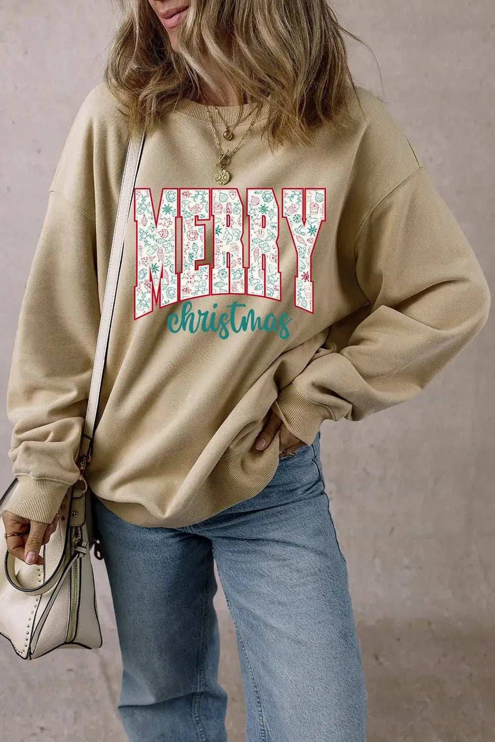 MERRY CHRISTMAS Round Neck Long Sleeve Sweatshirt - Trendsi - Flyclothing LLC