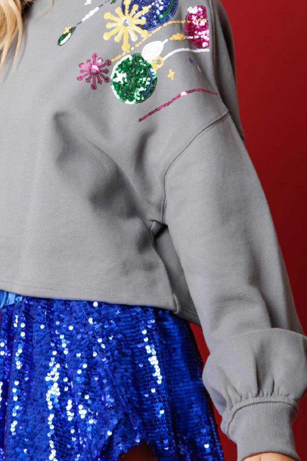 Sequin Round Neck Dropped Shoulder Sweatshirt - Trendsi - Flyclothing LLC
