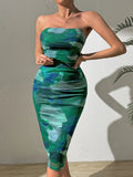 Ruched Printed Sleeveless Wrap Dress - Trendsi