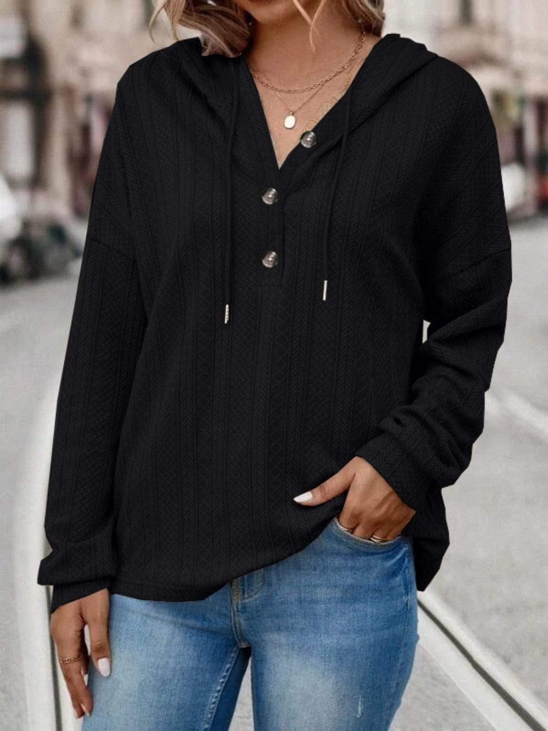 Drawstring Dropped Shoulder Long Sleeve Hoodie - Trendsi - Flyclothing LLC
