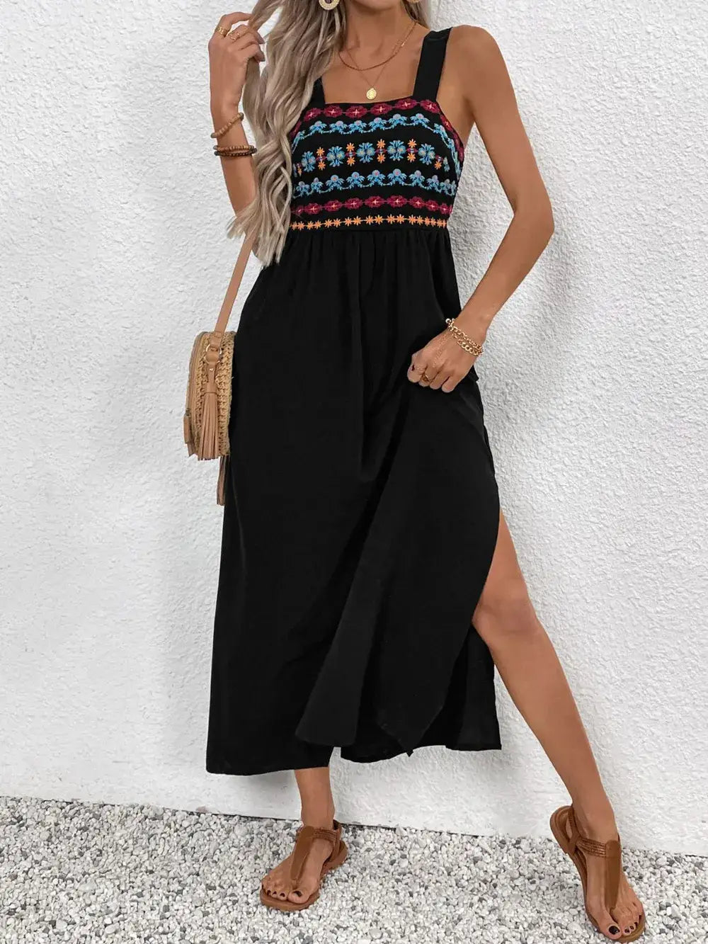 Perfee Embroidered Floral Side Slit Sleeveless Midi Dress - Trendsi - Flyclothing LLC