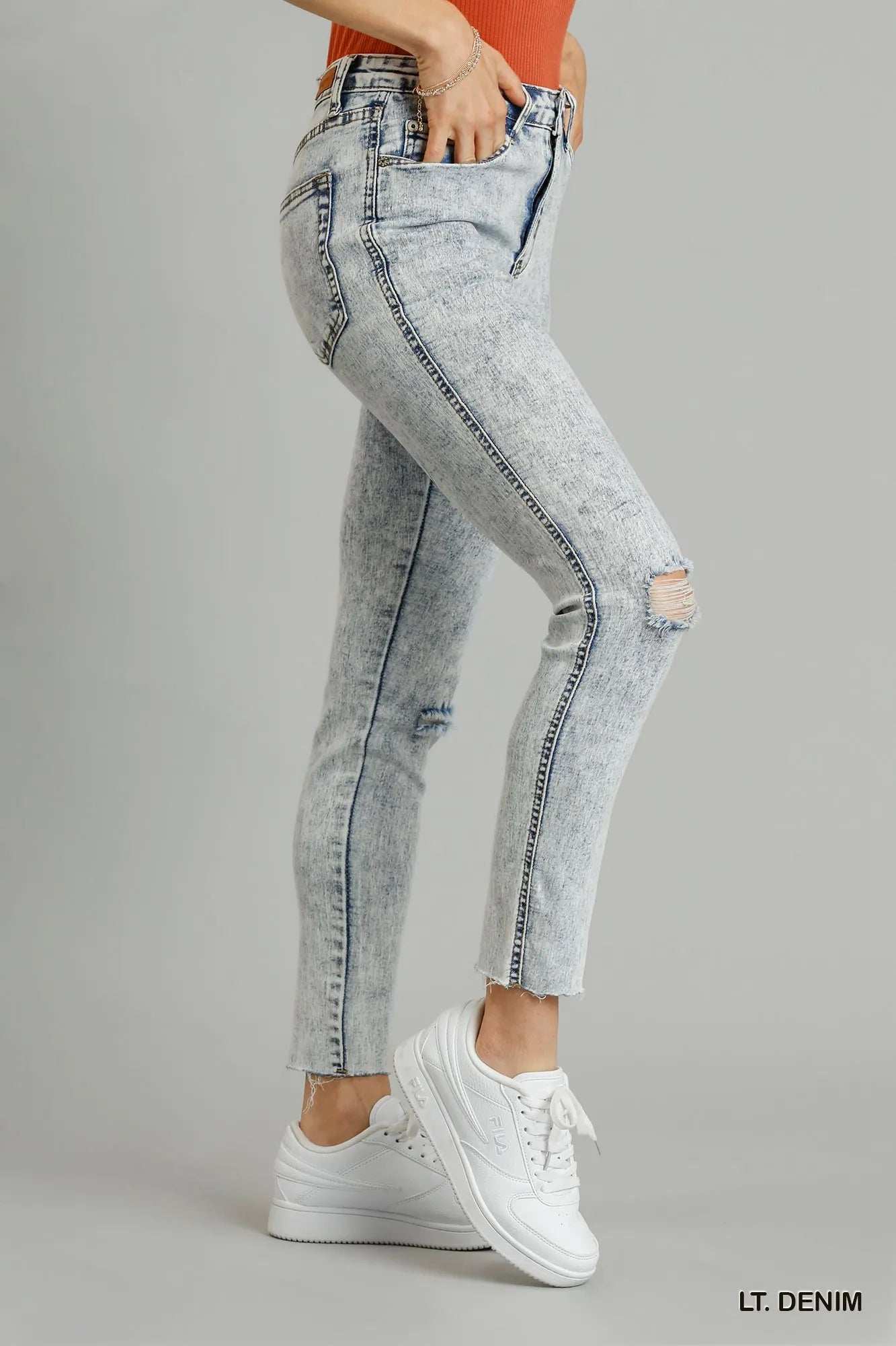 Umgee 5-Pockets Distressed Detail Stretch Denim Skinny Jeans with Unfinished Hem - Trendsi - Flyclothing LLC
