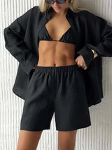 Button Up Long Sleeve Shirt and Shorts Set - Trendsi - Flyclothing LLC