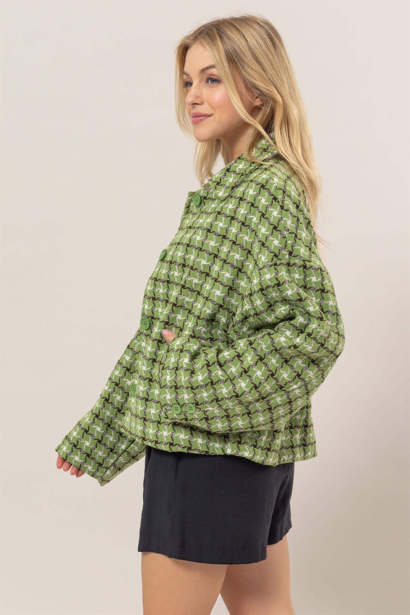 HYFVE Tweed Plaid Button Up Collared Neck Jacket - Trendsi - Flyclothing LLC