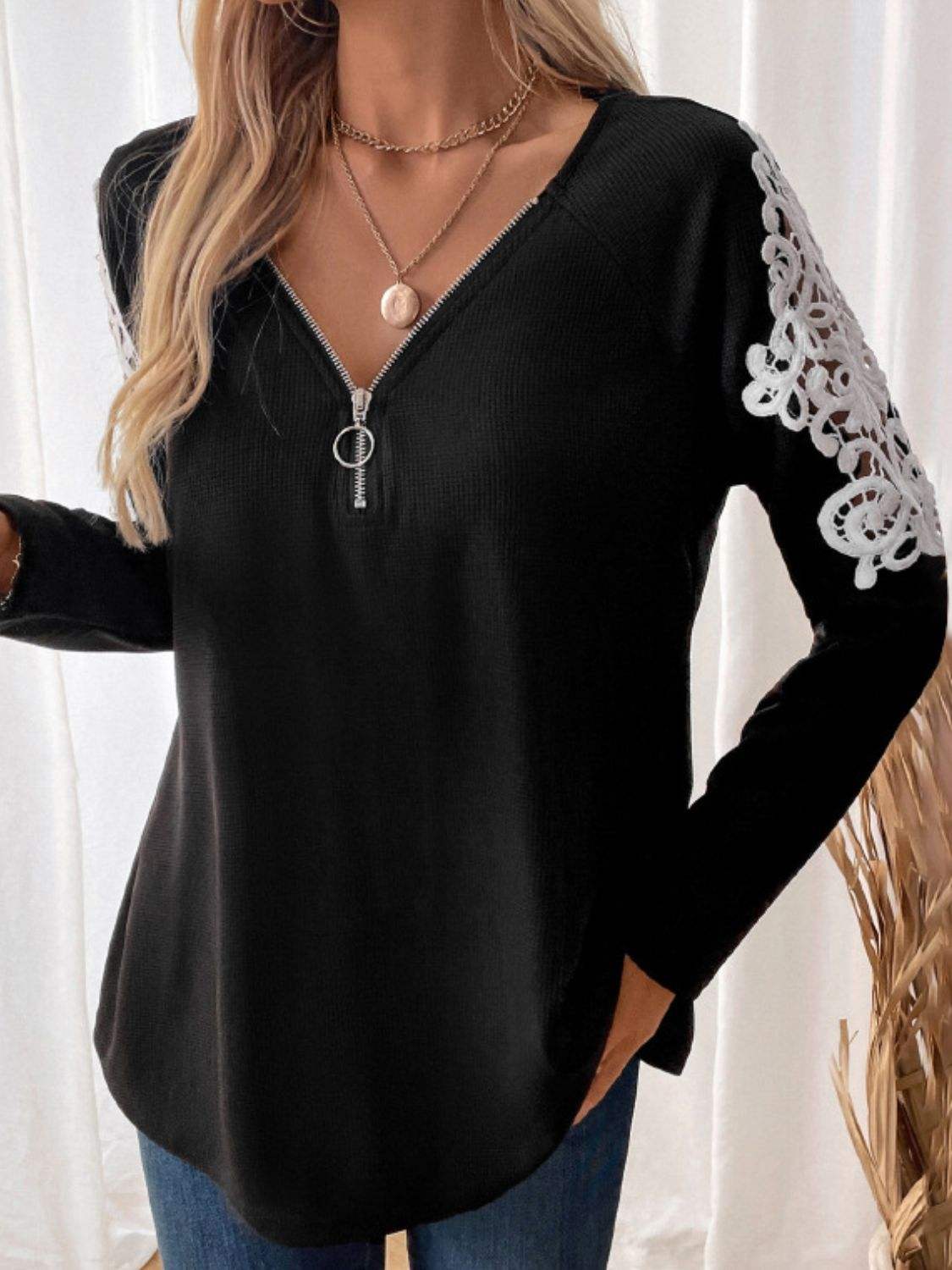 Perfee Lace Detail Quarter Zip Long Sleeve Top - Trendsi - Flyclothing LLC