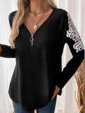 Perfee Lace Detail Quarter Zip Long Sleeve Top - Trendsi