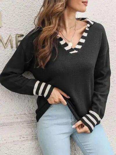Striped Trim Drop Shoulder Sweater - Trendsi - Flyclothing LLC