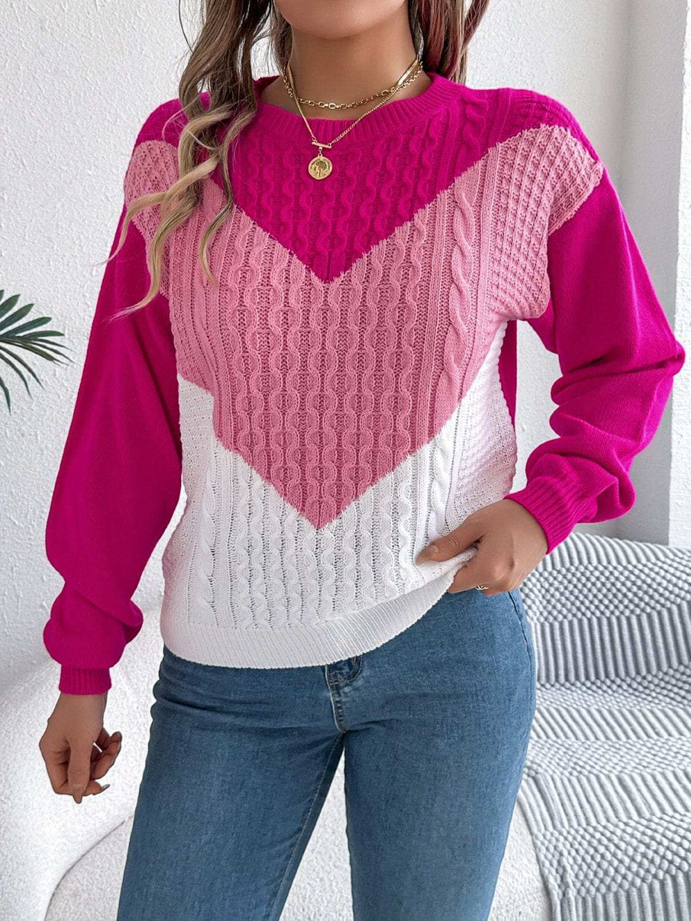 Contrast Round Neck Long Sleeve Sweater - Trendsi - Flyclothing LLC