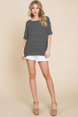 BOMBOM Striped Round Neck T-Shirt - Trendsi - Flyclothing LLC