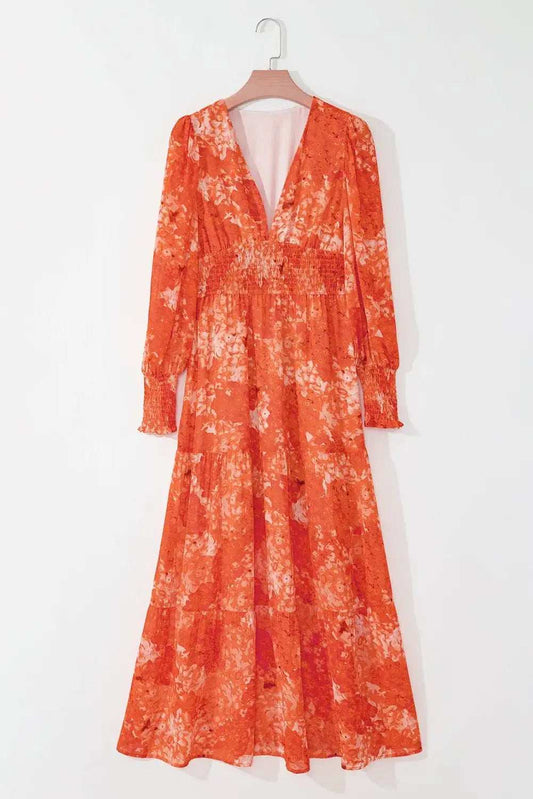 Smocked Printed V-Neck Long Sleeve Dress - Trendsi - Flyclothing LLC