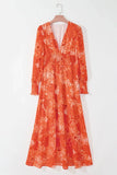 Smocked Printed V-Neck Long Sleeve Dress - Trendsi