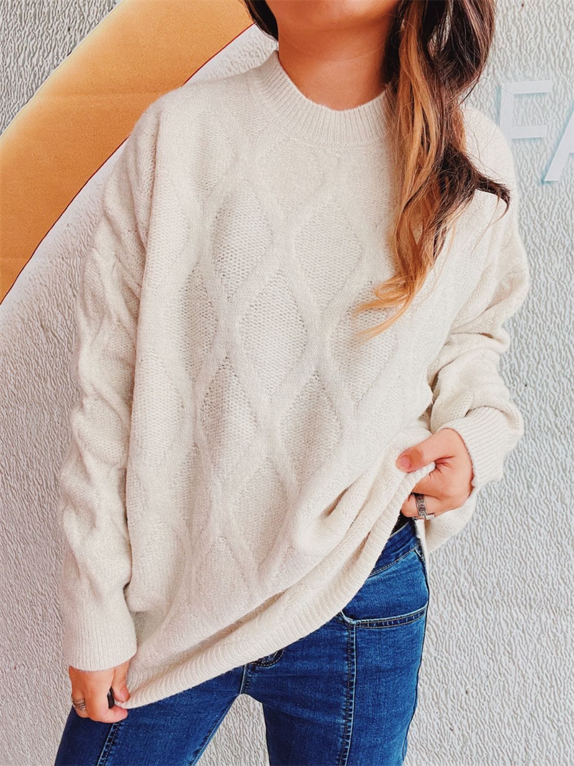 Diamond Round Neck Long Sleeve Sweater - Trendsi