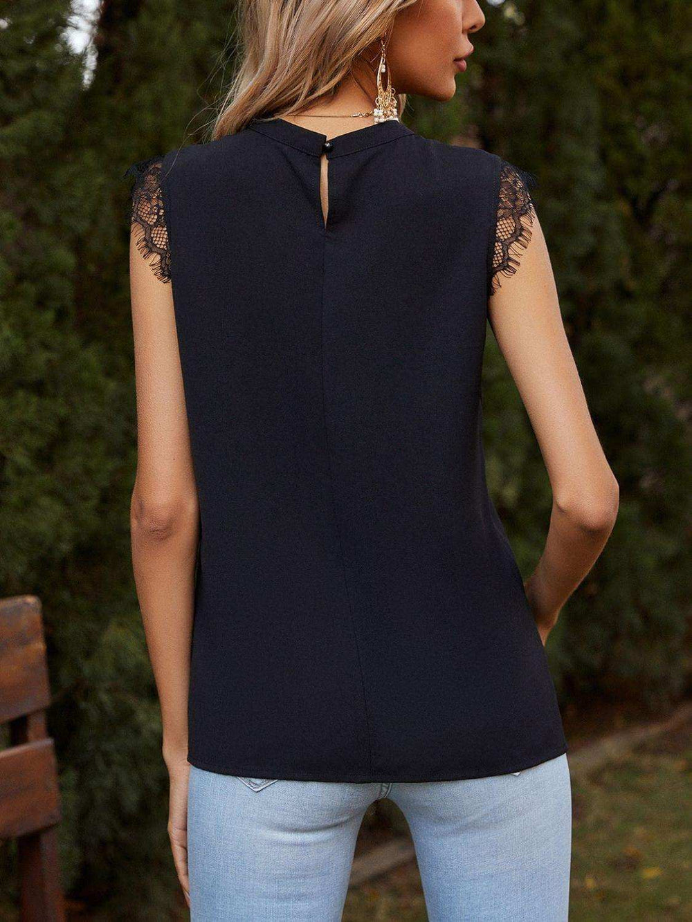Lace Detail Ruched Round Neck Tank - Trendsi - Flyclothing LLC