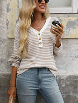 Striped Button Detail Long Sleeve T-Shirt - Trendsi - Flyclothing LLC