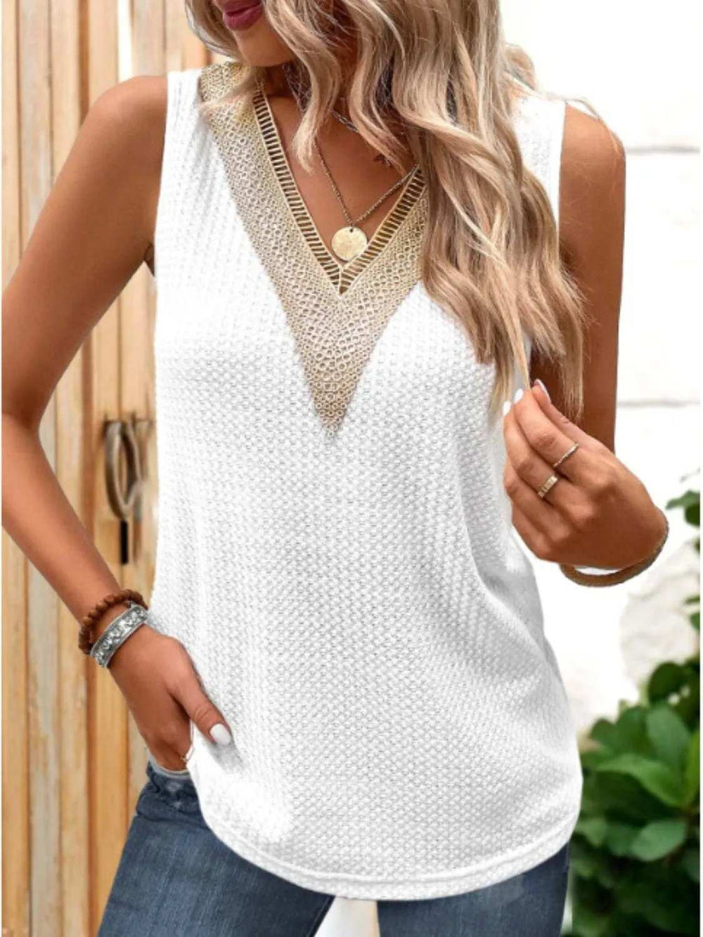 Lace Detail V-Neck Tank - Trendsi - Flyclothing LLC