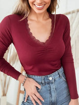 Lace-Trimmed Ruched Detail Long Sleeve T-Shirt - Trendsi - Flyclothing LLC