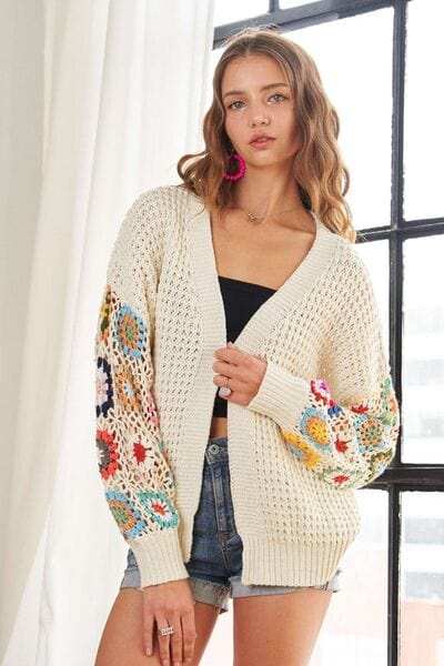 ADORA Full Size Contrast Crochet Open Front Long Sleeve Cardigan - Trendsi - Flyclothing LLC