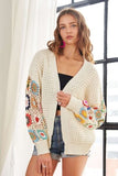 ADORA Full Size Contrast Crochet Open Front Long Sleeve Cardigan - Trendsi