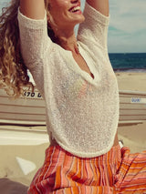 Notched Short Sleeve Knit Top - Trendsi - Flyclothing LLC