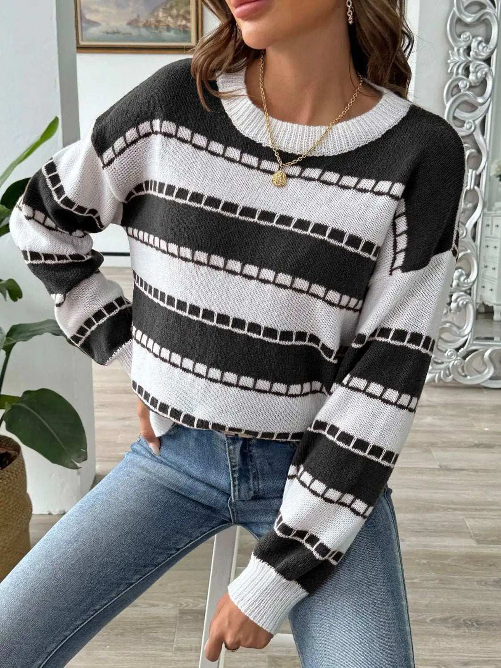 Striped Round Neck Long Sleeve Sweater - Trendsi - Flyclothing LLC