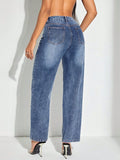 Contrast Patchwork Straight Jeans with Pockets - Trendsi