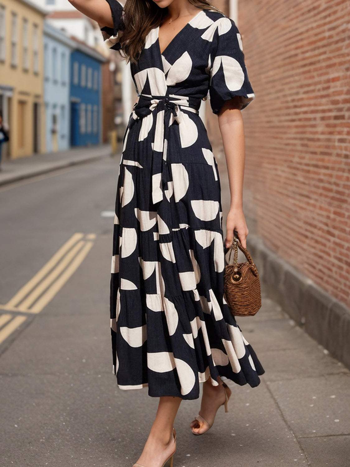 Tied Slit Printed Half Sleeve Midi Dress - Trendsi - Flyclothing LLC