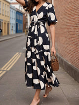 Tied Slit Printed Half Sleeve Midi Dress - Trendsi - Flyclothing LLC