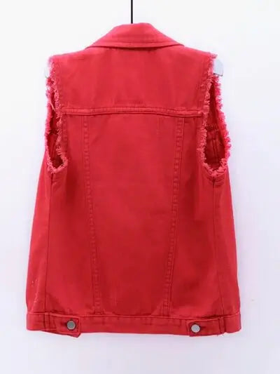 Full Size Button Down Raw Hem Sleeveless Denim Jacket Plus Size - Trendsi - Flyclothing LLC