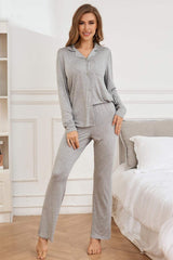 Button Up Long Sleeve Top and Pants Lounge Set - Trendsi - Flyclothing LLC