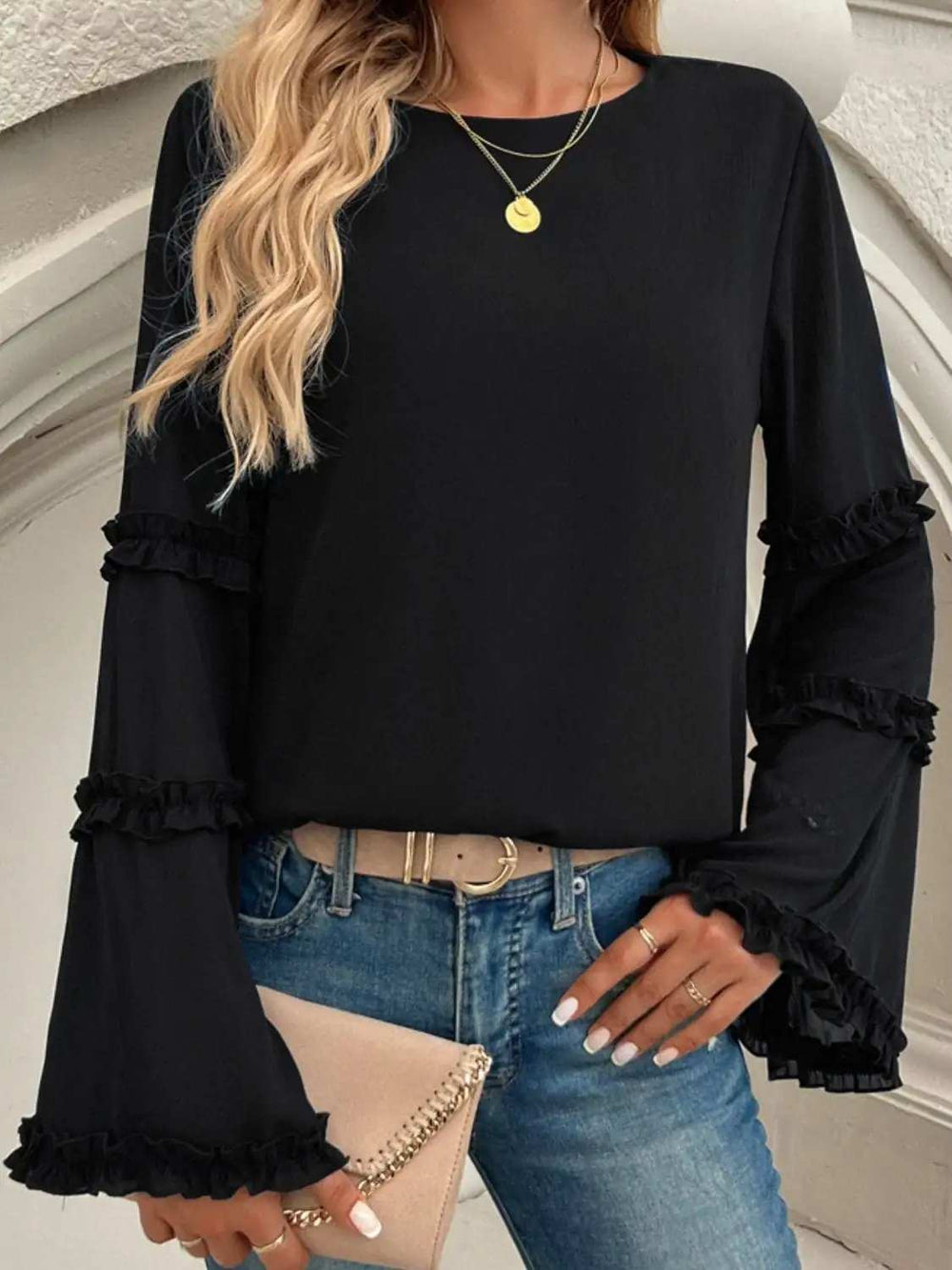 Devine Frill Round Neck Long Sleeve Top - Trendsi - Flyclothing LLC