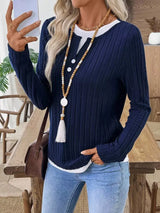 Ribbed Knit Long Sleeve Fake Two-Piece T-Shirt - Trendsi - Flyclothing LLC
