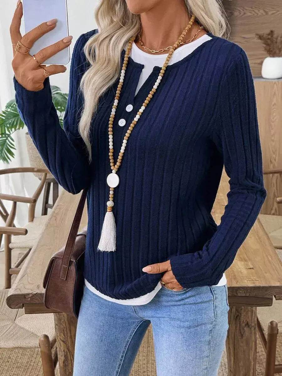 Ribbed Knit Long Sleeve Fake Two-Piece T-Shirt - Trendsi - Flyclothing LLC