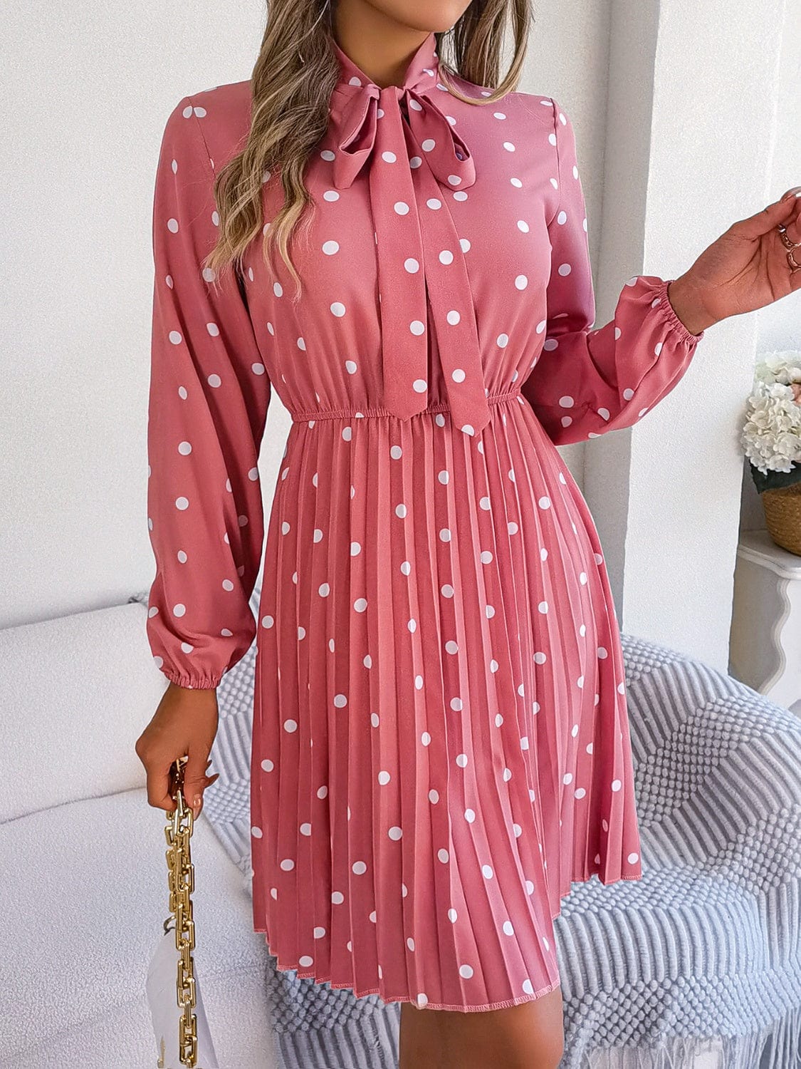 Polka Dot Tie Neck Pleated Dress - Trendsi
