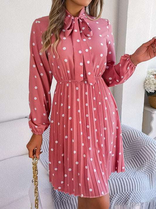 Polka Dot Tie Neck Pleated Dress - Trendsi