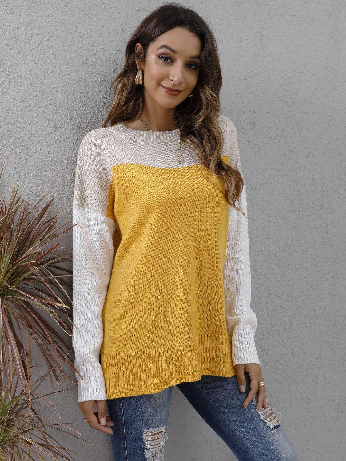 Color Block Round Neck Dropped Shoulder Sweater - Trendsi - Flyclothing LLC