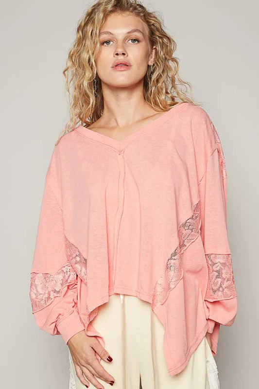 POL V-Neck Long Sleeve T-Shirt with Lace Detail - Trendsi - Flyclothing LLC