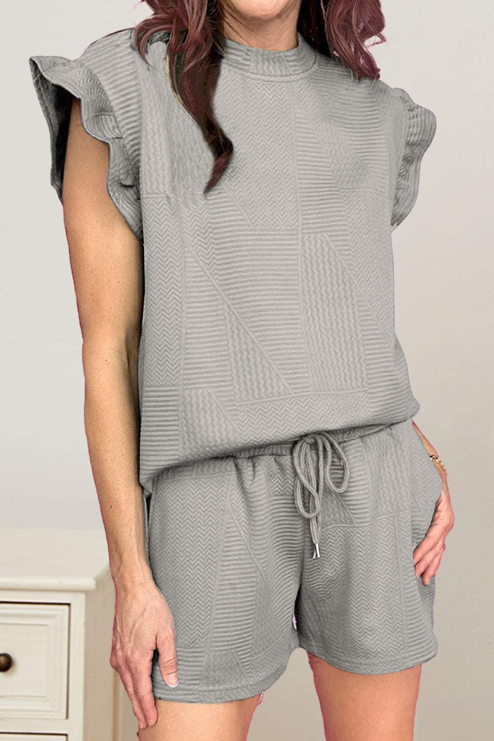 Slit Round Neck Top and Drawstring Shorts Set - Trendsi - Flyclothing LLC