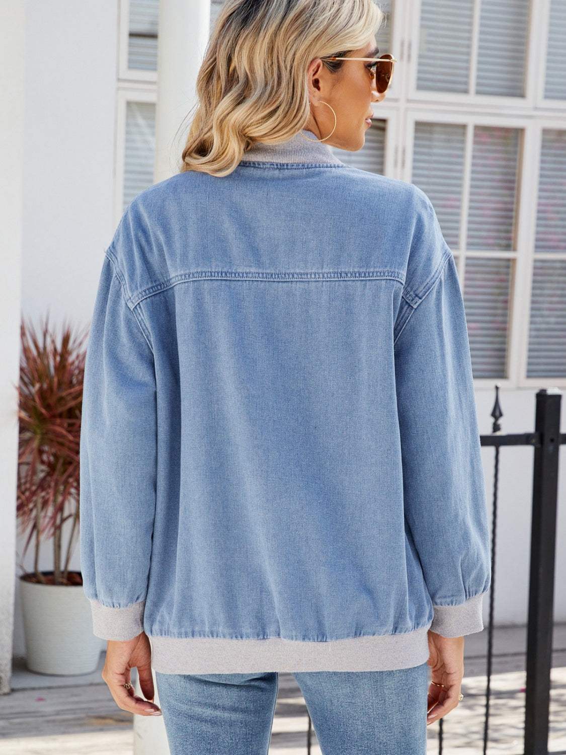 Pocketed Zip Up Baseball Collar Denim Jacket - Trendsi - Flyclothing LLC